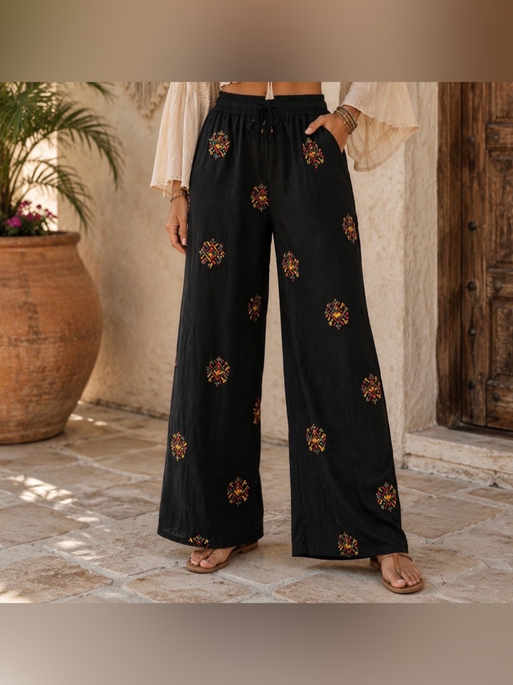 Rhea Charlotte Pants L/XL NWT Black Embroidered Wide Leg Boho Lounge A30